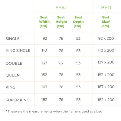 Devon Sofa Bed Frame sizing chart