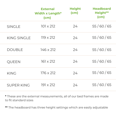 Size chart for Havana timber bed frame