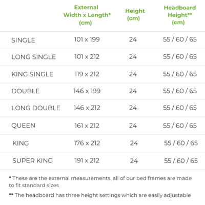 Havana Bed Frame Size Chart