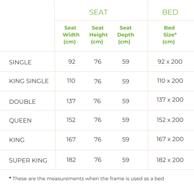 Siesta Sofa Bed Frame sizing guide