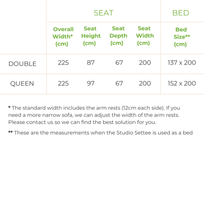 Size chart sofa bed frame