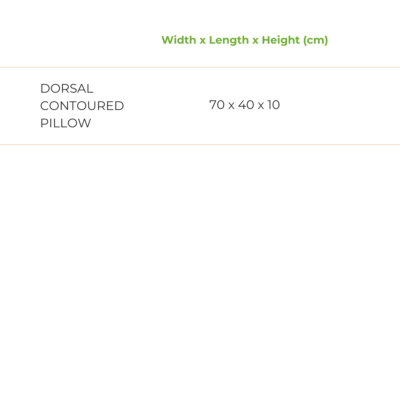 Dorsal contoured pillow sizes