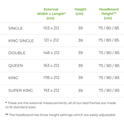 Geneva Bed frame size guide